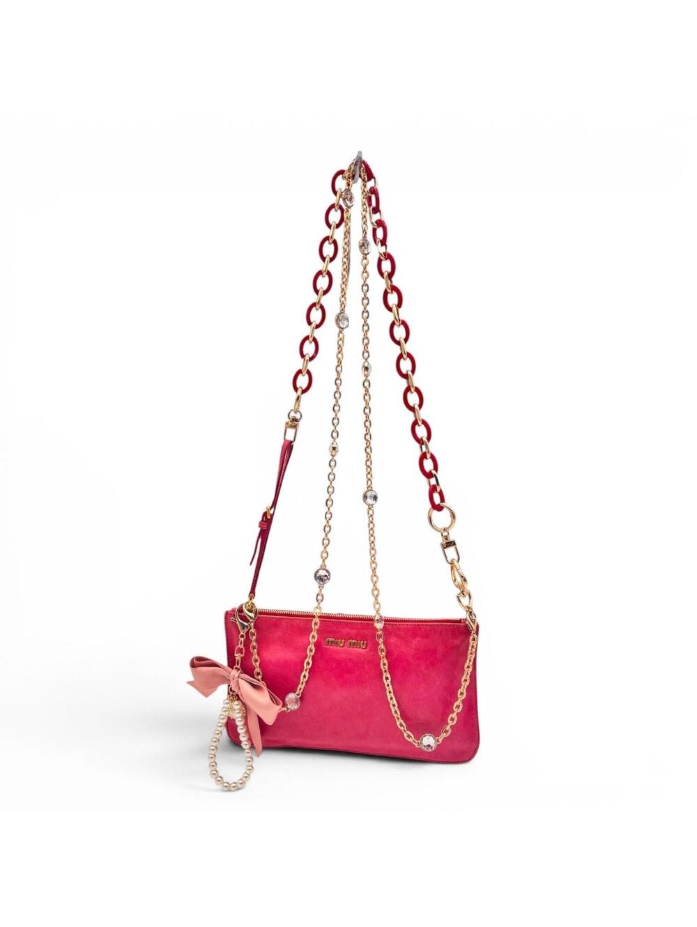 Miu Miu Pink Leather Pochette Shoulder Bag With Added Chains & Charms